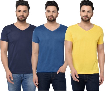 Jaskart Solid Men V Neck Dark Blue, Blue, Yellow T-Shirt