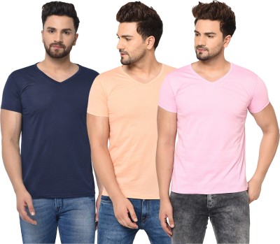 Jangoboy Solid Men V Neck Dark Blue, Pink, Beige T-Shirt