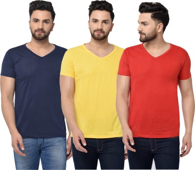 Jaskart Solid Men V Neck Dark Blue, Red, Yellow T-Shirt