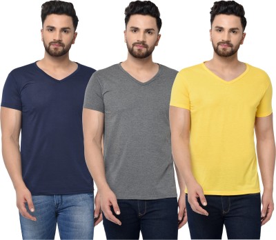 Jaskart Solid Men V Neck Blue, Grey, Yellow T-Shirt