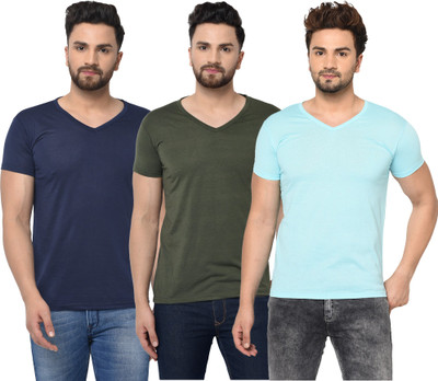 Jangoboy Solid Men V Neck Dark Blue, Light Blue, Dark Green T-Shirt