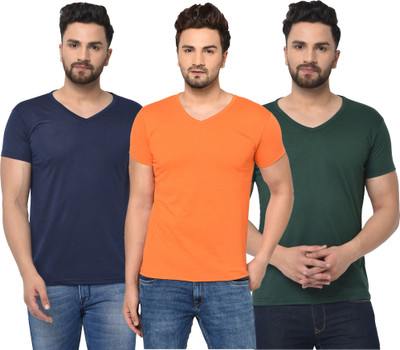 Jangoboy Solid Men V Neck Dark Blue, Dark Green, Orange T-Shirt