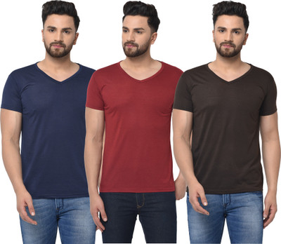 Jangoboy Solid Men V Neck Dark Blue, Red, Brown T-Shirt