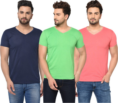 Jangoboy Solid Men V Neck Green, Blue, Pink T-Shirt
