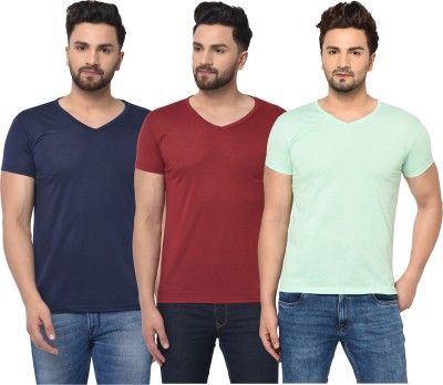 Jaskart Solid Men V Neck Dark Blue, Maroon, Light Green T-Shirt