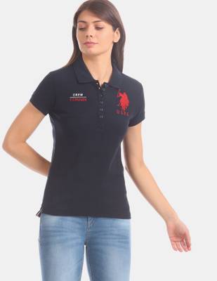 U.S. POLO ASSN. Solid Women Polo Neck Blue T Shirt Price History