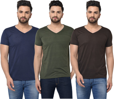 Adorbs Solid Men V Neck Blue, Brown, Grey T-Shirt