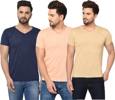 Jaskart Solid Men V Neck Dark Blue, Pink, Beige T-Shirt