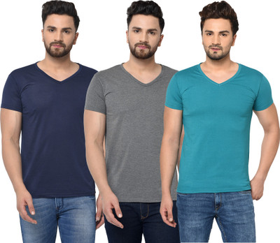 Jangoboy Solid Men V Neck Dark Blue, Blue, Grey T-Shirt