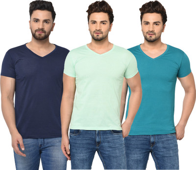 Jangoboy Solid Men V Neck Dark Blue, Blue, Light Green T-Shirt