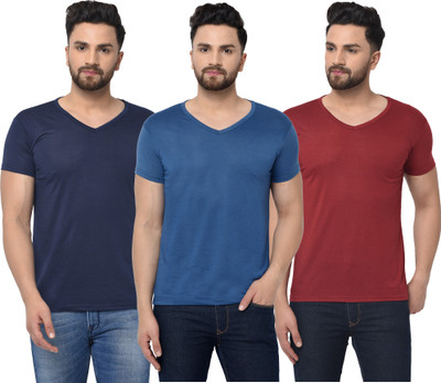 Jangoboy Solid Men V Neck Dark Blue, Blue, Maroon T-Shirt