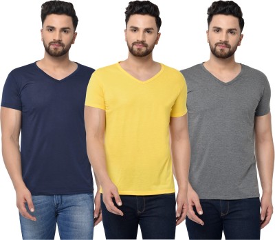 Jaskart Solid Men V Neck Dark Blue, Grey, Yellow T-Shirt