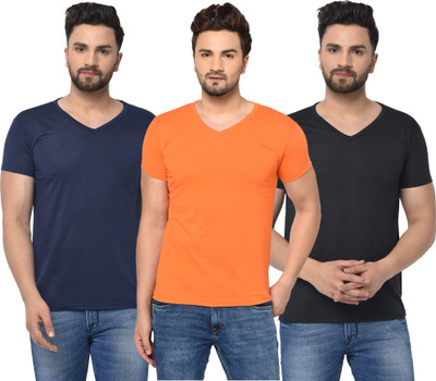 Jangoboy Solid Men V Neck Dark Blue, Black, Orange T-Shirt