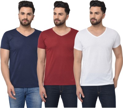 Jangoboy Solid Men V Neck Dark Blue, White, Maroon T-Shirt