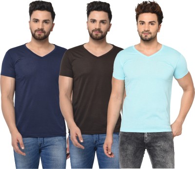 Jaskart Solid Men V Neck Dark Blue, Light Blue, Brown T-Shirt