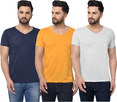 Adorbs Solid Men V Neck Dark Blue, White, Yellow T-Shirt