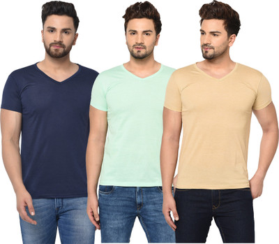 Jaskart Solid Men V Neck Dark Blue, Beige, Light Green T-Shirt