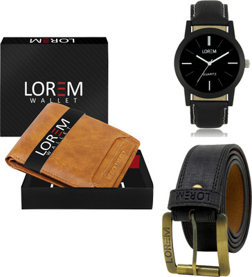 LOREM FZ-LR05-WL06-BL01 Combo Of Artificial Leather Belt-Wallet & Analog Watch  - For Men