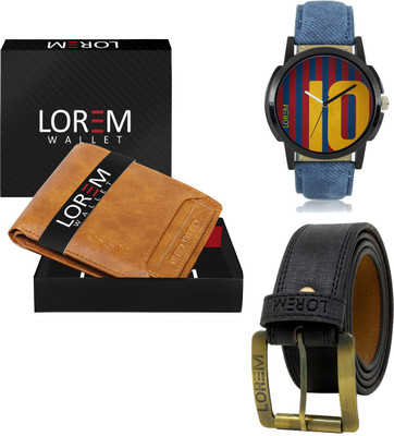 LOREM FZ-LR10-WL06-BL01 Combo Of Artificial Leather Belt-Wallet & Analog Watch  - For Men
