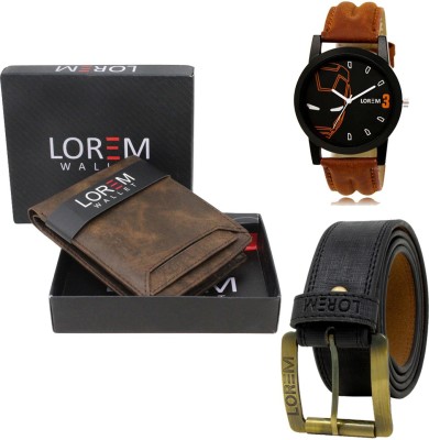 LOREM FZ-LR04-WL04-BL01 Combo Of Artificial Leather Belt-Wallet & Analog Watch  - For Men