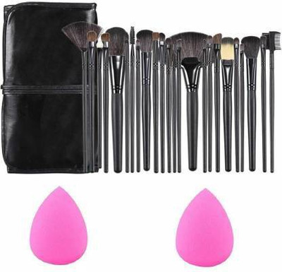 Townplaza Professional Wood Make Up Brushes Sets With Leather Storage Pouch - 24 Pcs + 2 SPONGE PUFF(3 Items in the set)
