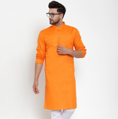 B BEN Men Self Design High Low Kurta(Orange)