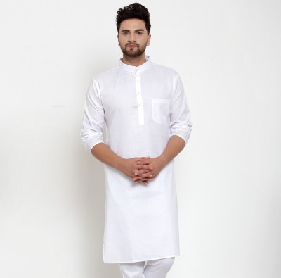 B BEN Men Self Design High Low Kurta(White)