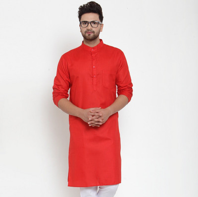 B BEN Men Self Design High Low Kurta(Red)