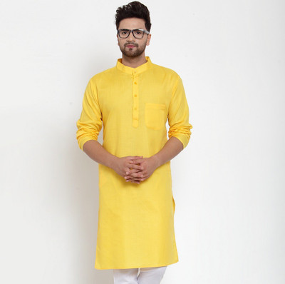 B BEN Men Self Design High Low Kurta(Yellow)