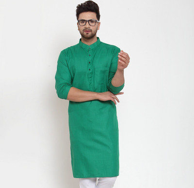 B BEN Men Self Design High Low Kurta(Green)