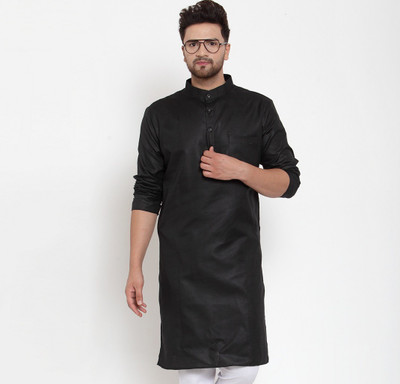 B BEN Men Self Design High Low Kurta(Black)