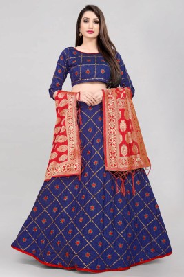 Fabcartz Embroidered Semi Stitched Lehenga Choli(Dark Blue, Red)