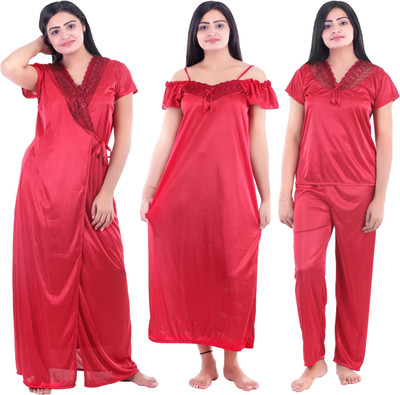 YUALIN CREATION Women Nighty with Robe(Maroon)