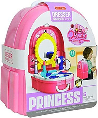 M.S.ENTERPRISE Dresser Backpack Play Set, Pretend Play Dress Up Suitcase Makeup Toys Kit -Set of 19 Pieces (Pink)