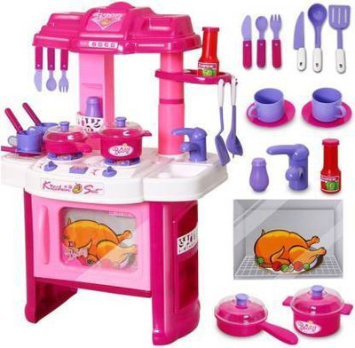SWEINT Luxury battery operated kitchen play set pretend play set for kids with roll play kitchen set carry case, with LED lights & sound, Multi color