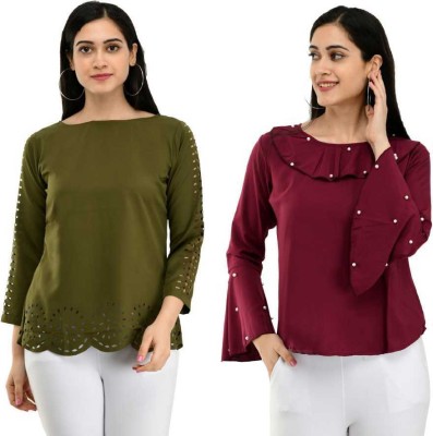 NOBEY Casual 3/4 Sleeve Solid Women Dark Green, Maroon Top