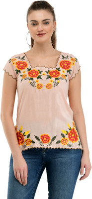 Taaraa Casual Cap Sleeve Embroidered Women Beige Top