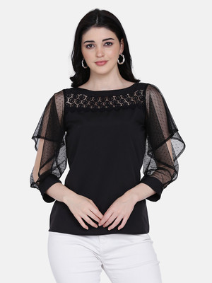 Eavan Casual 3/4 Sleeve Solid Women Black Top