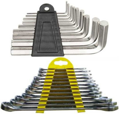 SKENTERPRISES Combo of 12 Pc Combination Spanner set with rack includes 6 mm, 7 mm, 8 mm, 9 mm, 10 mm, 11 mm, 12 mm, 13 mm, 14 mm, 17 mm, 19 mm and 22 mm combination spanners. Double Sided Combination Wrench & 9Pc High Quality Hex Allen Key Set Wrench Screw Repair Tools Allen Key Set . Double Sided 