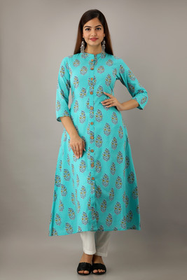 GLAM ROOTS Women Printed A-line Kurta(Blue)