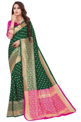Swassy Fab Woven Banarasi Jacquard, Cotton Silk Saree(Green, Pink)