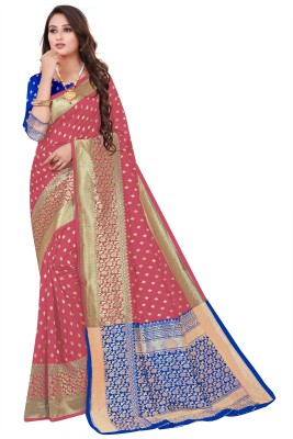 Swassy Fab Woven Banarasi Jacquard, Cotton Silk Saree(Blue, Pink)