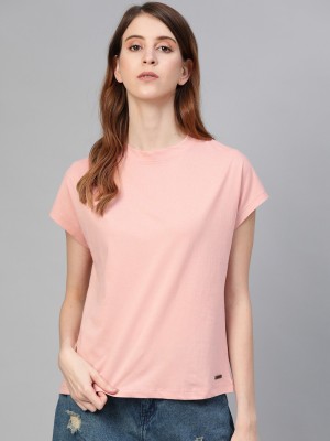 Roadster Solid Women Round Neck Pink T-Shirt