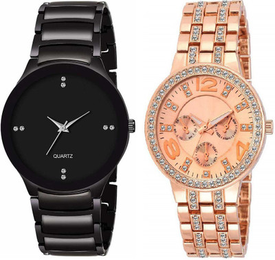 blutech BLT-06410 Diamond Studded Full Black & Rose Gold Couple Analog Watch  - For Couple