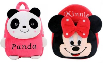 Chicbunny Velvet Children Toddler Preschool Cartoon Backpack for Kids School/Nursery/Picnic/Carry/Travelling/Lunch Panda and Mini (Pink and Red) School Bag(Pink, Red, 10 L)
