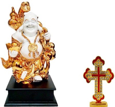 Kanhagift Fengshui God Laughing Buddha Vastu Gold plated Statue with wooden base and Lord Christ / Catholic Cross Christian Jesus Sign Idol Gift Item Decorative Showpiece Decorative Showpiece  -  26 cm(Gold Plated, Multicolor)