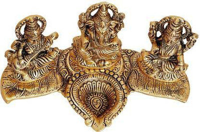 Fashion Bizz Lord Lakshmi Ganesha Saraswati Idol With Diya Decorative Showpiece  -  10 cm(Metal, Gold)