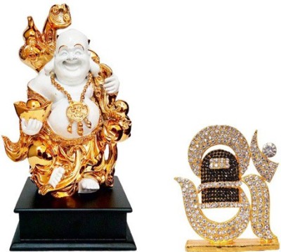 Kanhagift Fengshui God Laughing Buddha Vastu Gold plated Statue with wooden base and Lord Shiva Symbol OM Sign Idol Home Décor Pooja Statue Gift item Decorative Showpiece Decorative Showpiece  -  26 cm(Gold Plated, Multicolor)