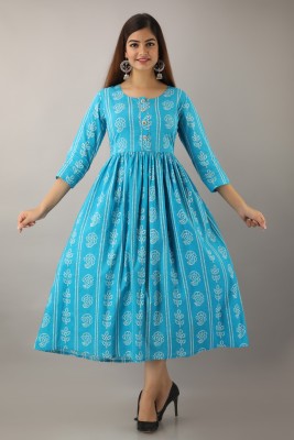 GLAM ROOTS Women Printed A-line Kurta(Light Blue)