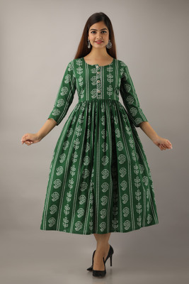 GLAM ROOTS Women Printed A-line Kurta(Green)